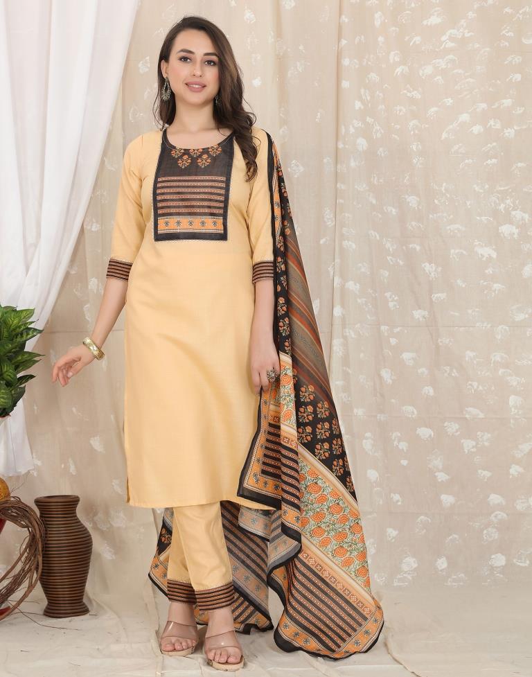 Beige Cotton Printed Straight Kurta With Pant And Dupatta | Leemboodi