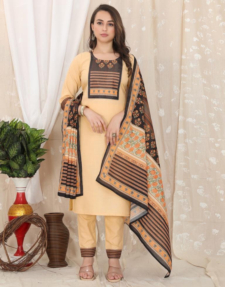 Beige Cotton Printed Straight Kurta With Pant And Dupatta | Leemboodi