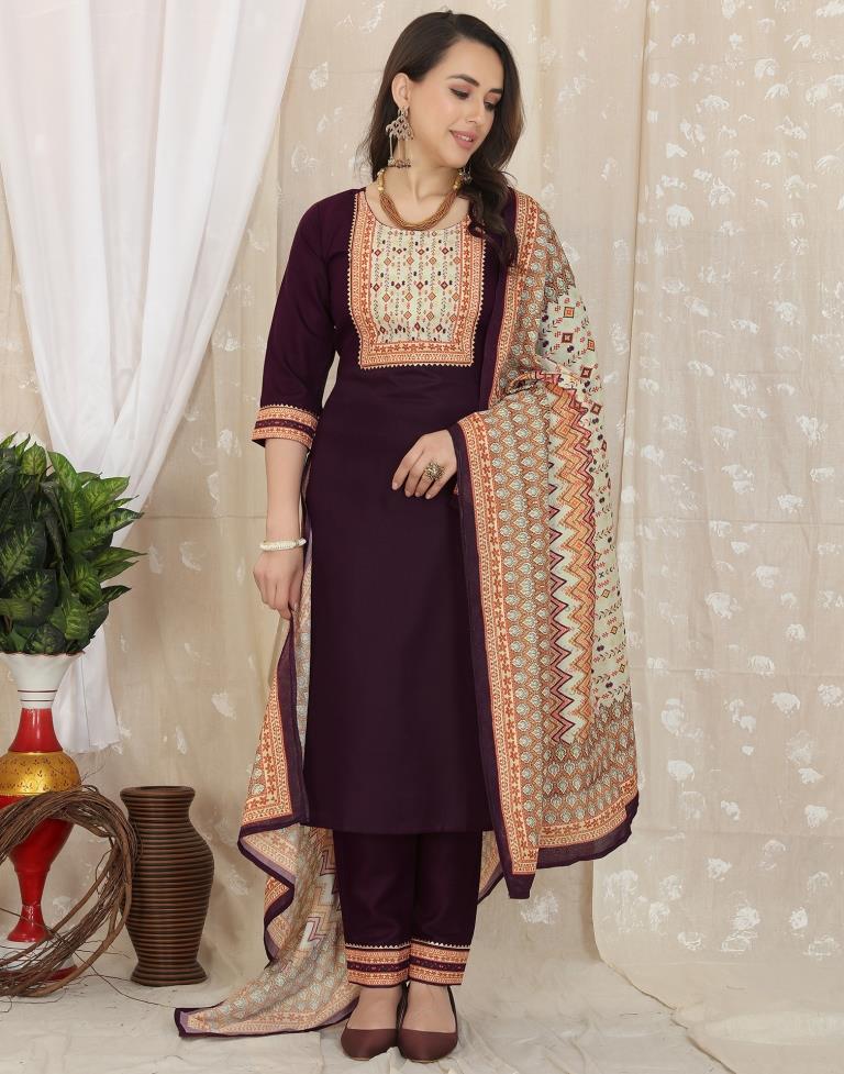 Wine Cotton Printed Straight Kurta With Pant And Dupatta | Leemboodi