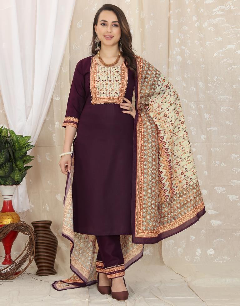 Wine Cotton Printed Straight Kurta With Pant And Dupatta | Leemboodi