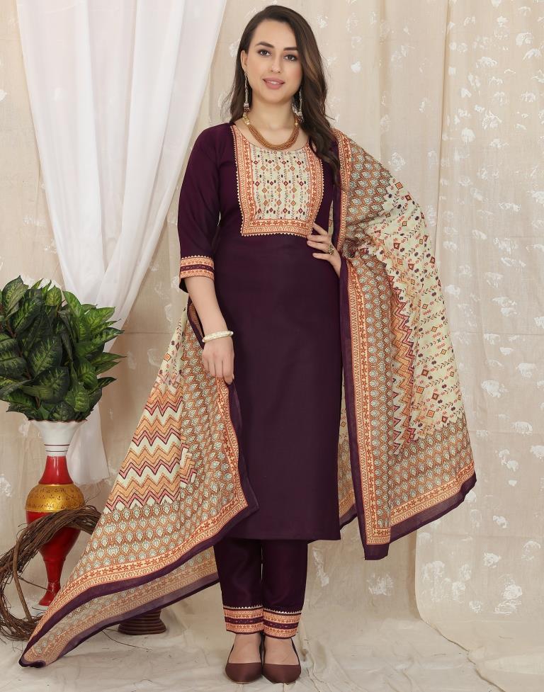 Wine Cotton Printed Straight Kurta With Pant And Dupatta | Leemboodi