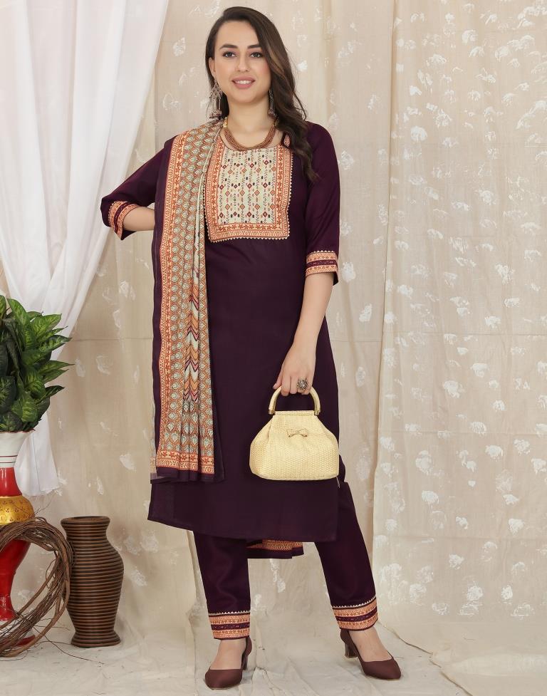 Wine Cotton Printed Straight Kurta With Pant And Dupatta | Leemboodi