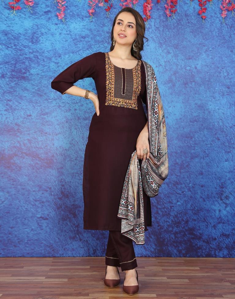 Dark Wine Cotton Embroidery Straight Kurta With Pant And Dupatta | Leemboodi