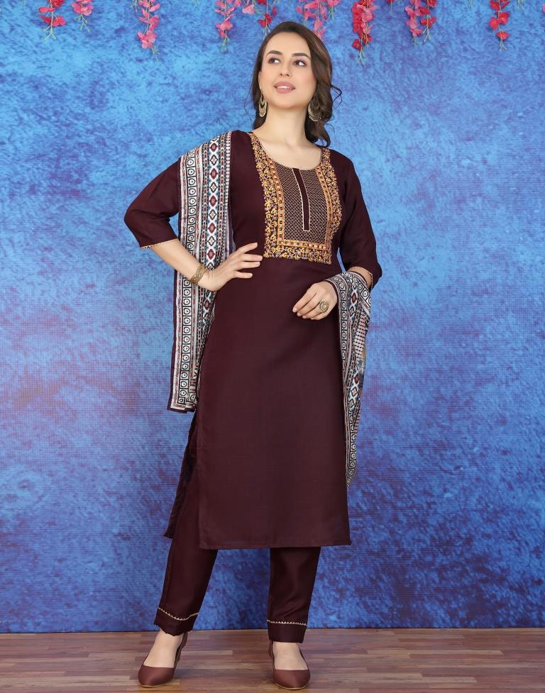 Dark Wine Cotton Embroidery Straight Kurta With Pant And Dupatta | Leemboodi