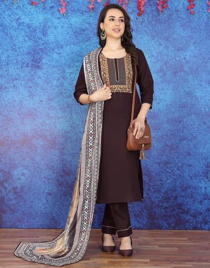 Dark Wine Cotton Embroidery Straight Kurta With Pant And Dupatta | Leemboodi