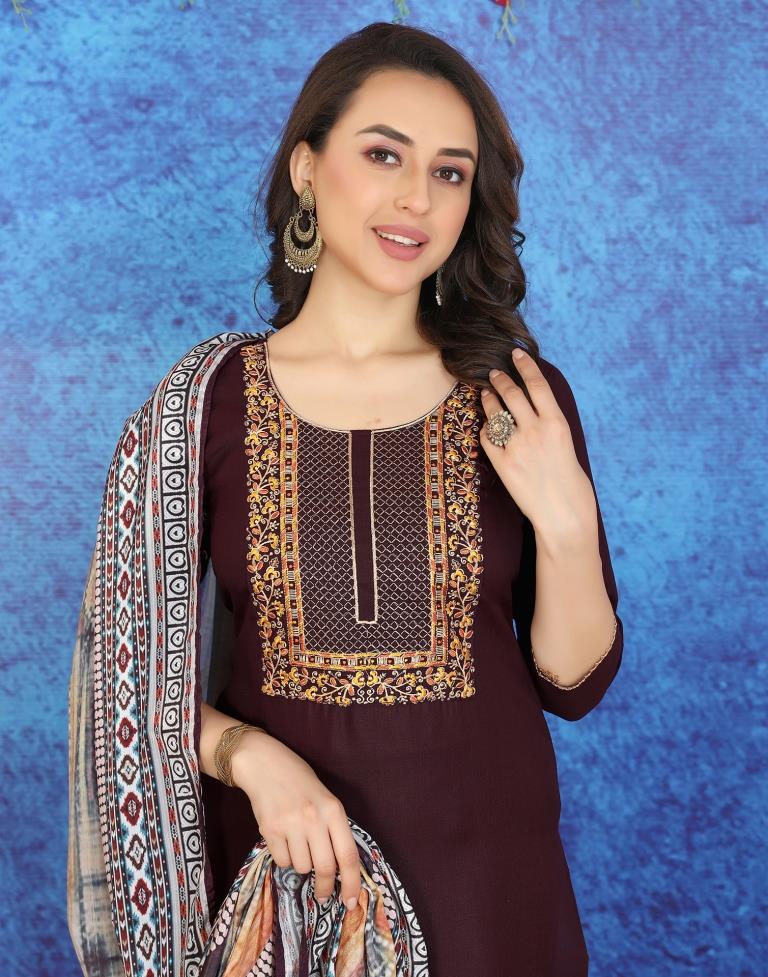 Dark Wine Cotton Embroidery Straight Kurta With Pant And Dupatta | Leemboodi