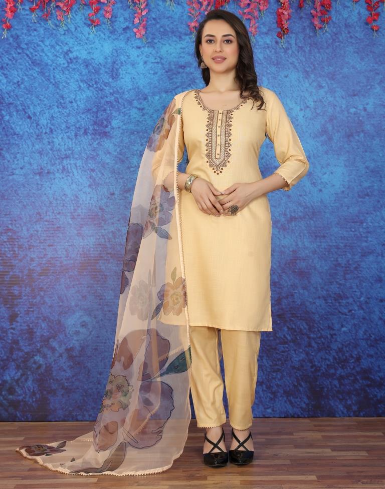 Beige Cotton Embroidery Straight Kurta With Pant And Dupatta | Leemboodi