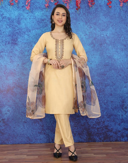 Beige Cotton Embroidery Straight Kurta With Pant And Dupatta | Leemboodi