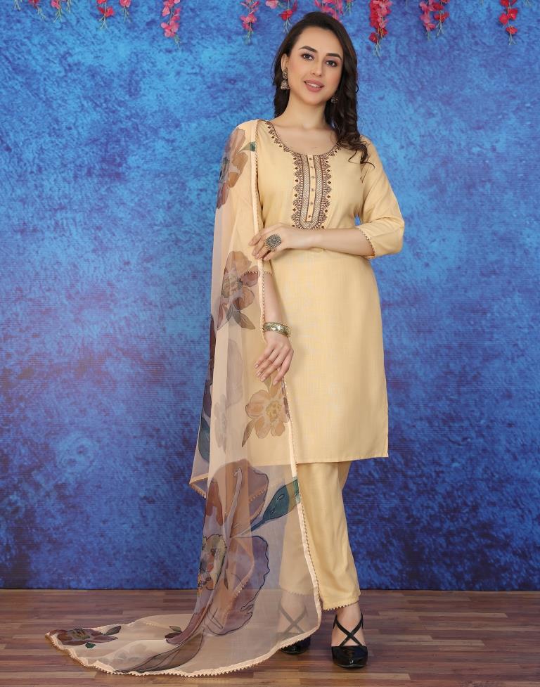 Beige Cotton Embroidery Straight Kurta With Pant And Dupatta | Leemboodi