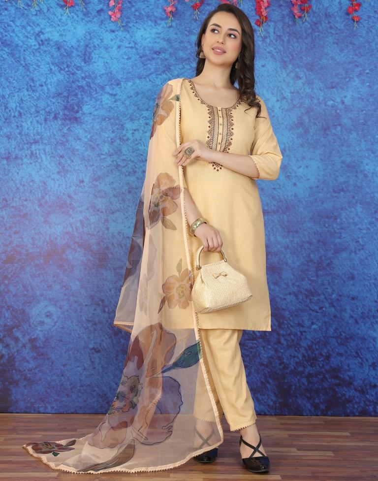 Beige Cotton Embroidery Straight Kurta With Pant And Dupatta | Leemboodi