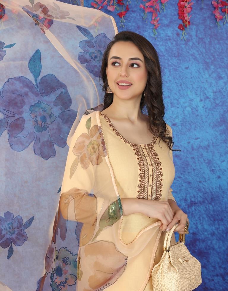 Beige Cotton Embroidery Straight Kurta With Pant And Dupatta | Leemboodi