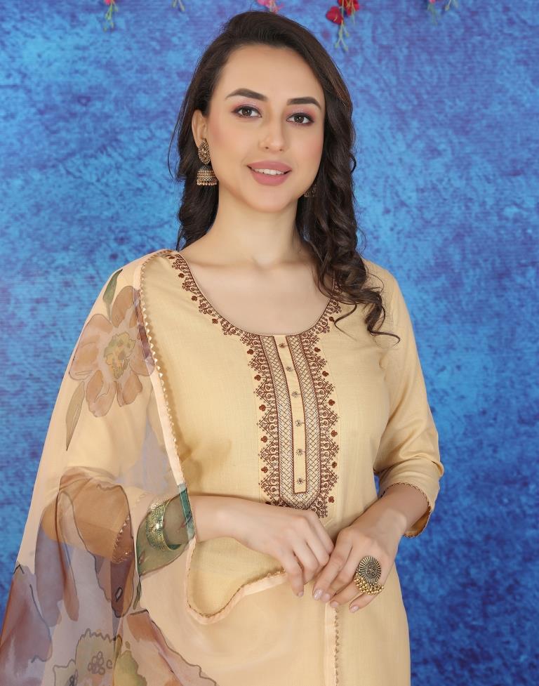 Beige Cotton Embroidery Straight Kurta With Pant And Dupatta | Leemboodi