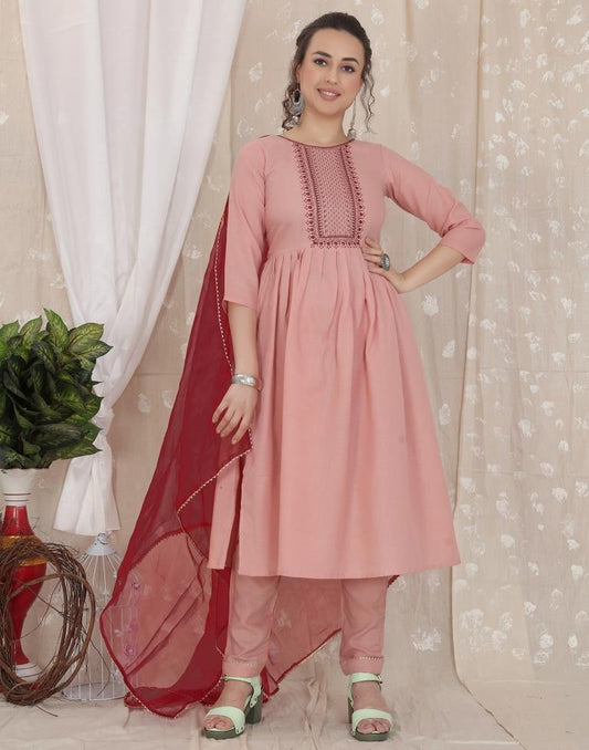 Dusty Pink Cotton Embroidery Straight Kurta With Pant And Dupatta | Leemboodi