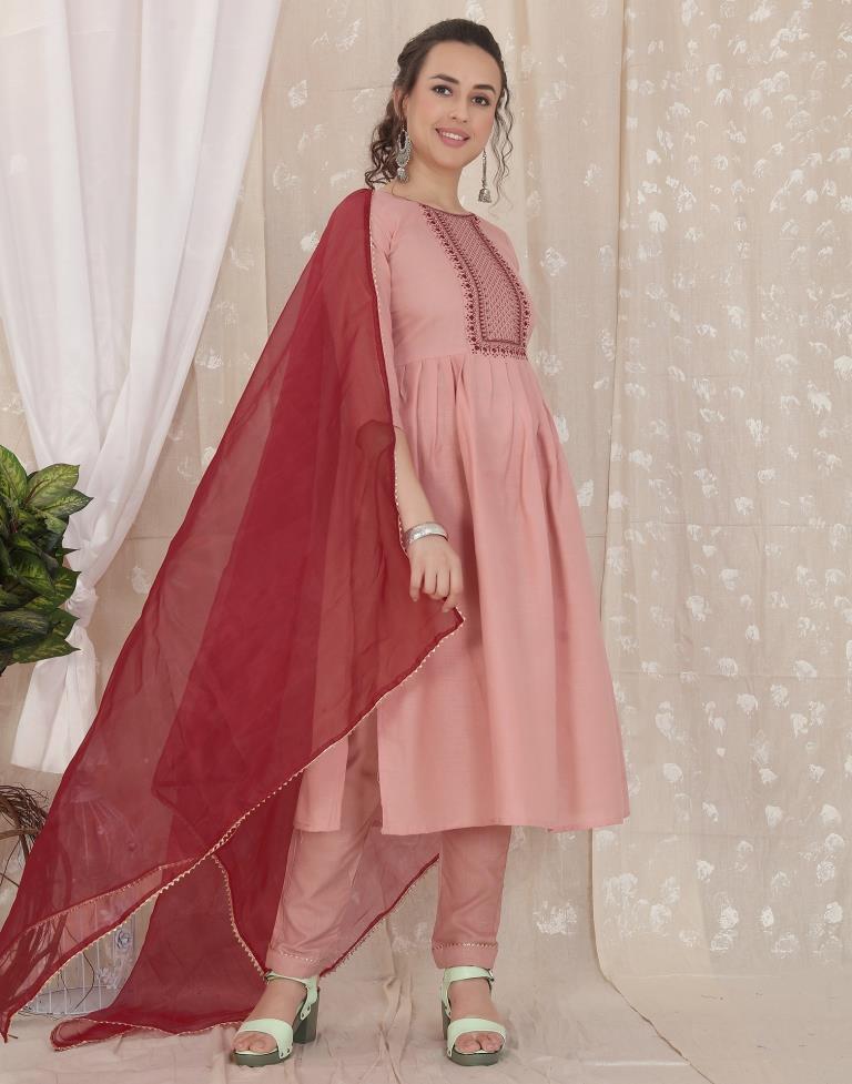 Dusty Pink Cotton Embroidery Straight Kurta With Pant And Dupatta | Leemboodi