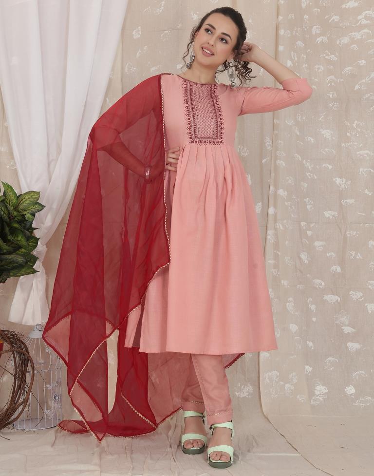 Dusty Pink Cotton Embroidery Straight Kurta With Pant And Dupatta | Leemboodi