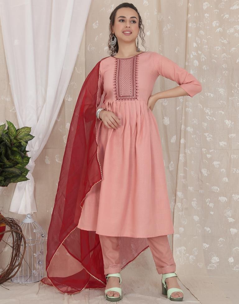 Dusty Pink Cotton Embroidery Straight Kurta With Pant And Dupatta | Leemboodi