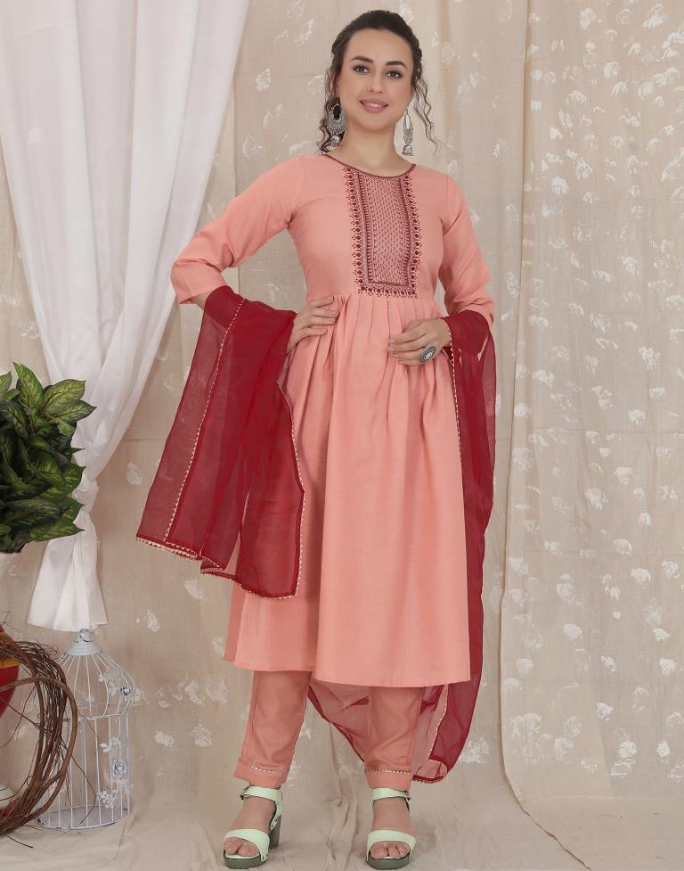 Dusty Pink Cotton Embroidery Straight Kurta With Pant And Dupatta | Leemboodi