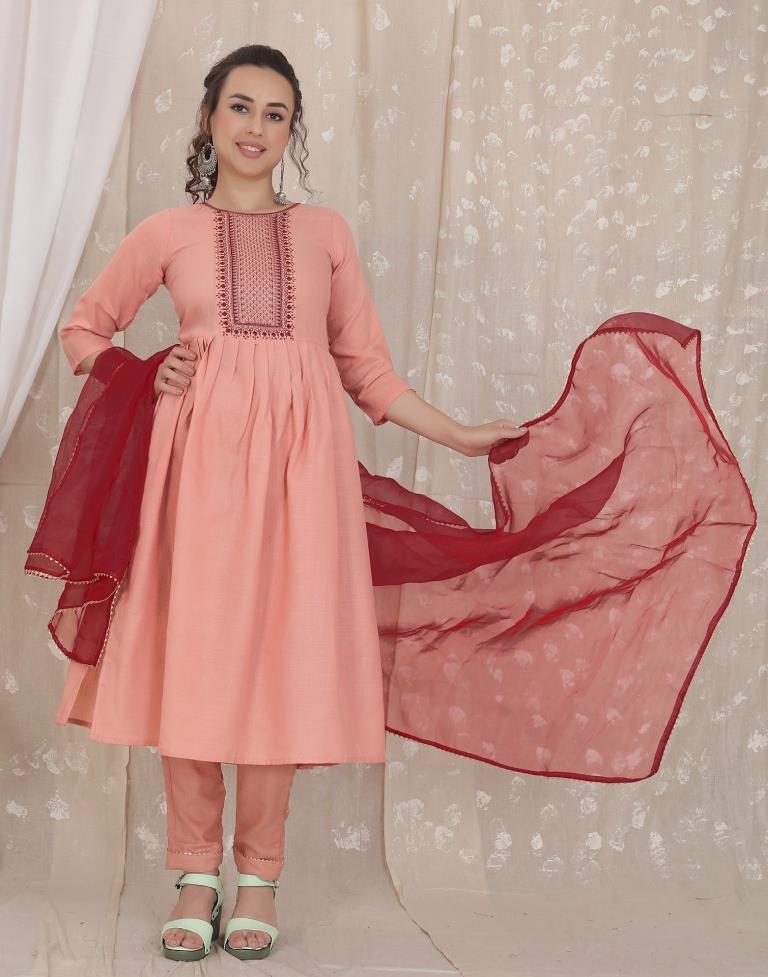 Dusty Pink Cotton Embroidery Straight Kurta With Pant And Dupatta | Leemboodi