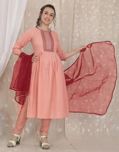 Dusty Pink Cotton Embroidery Straight Kurta With Pant And Dupatta | Leemboodi