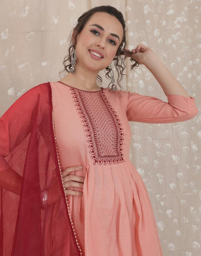 Dusty Pink Cotton Embroidery Straight Kurta With Pant And Dupatta | Leemboodi