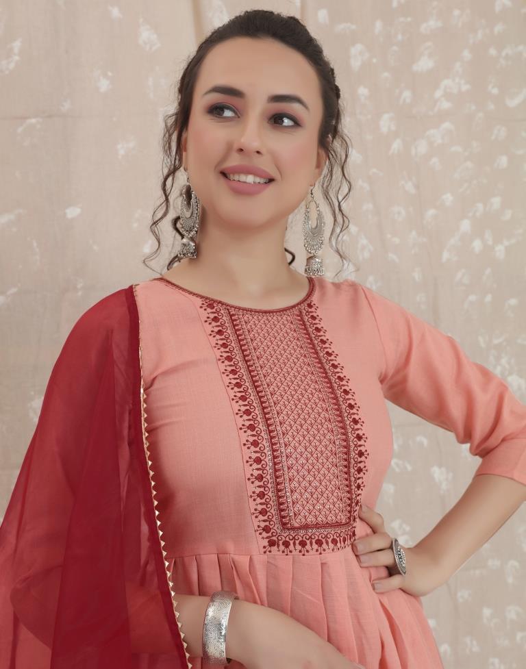 Dusty Pink Cotton Embroidery Straight Kurta With Pant And Dupatta | Leemboodi