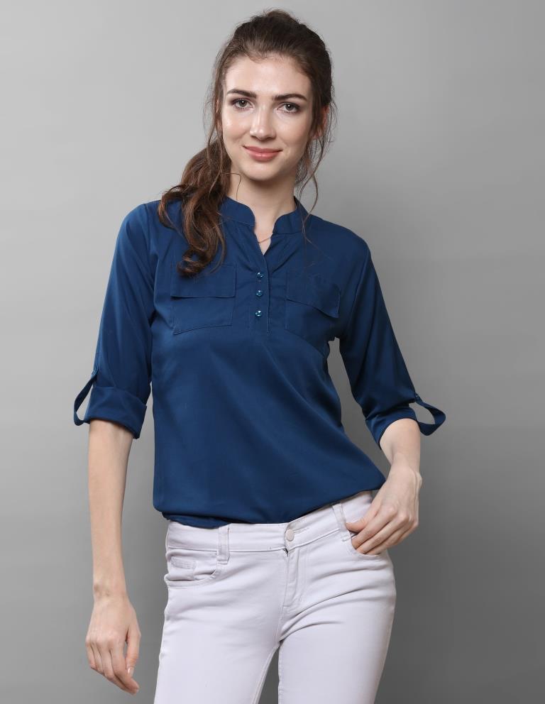 Picturesque Navy Blue Coloured Plain Crepe Tops | Sudathi