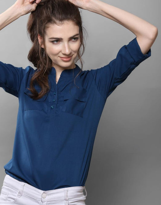 Picturesque Navy Blue Coloured Plain Crepe Tops | Sudathi