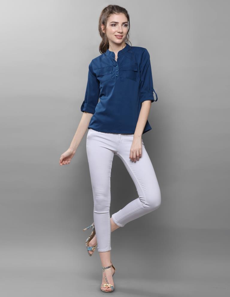 Picturesque Navy Blue Coloured Plain Crepe Tops | Sudathi