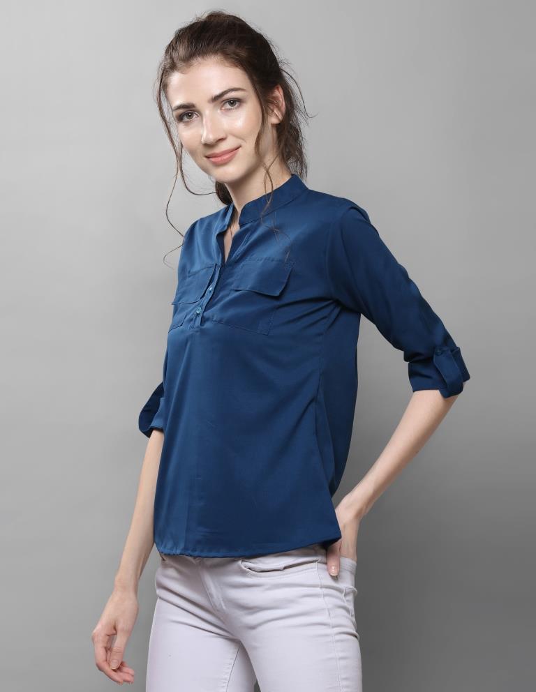 Picturesque Navy Blue Coloured Plain Crepe Tops | Sudathi