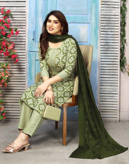 Green Cotton Printed Straight Kurta Kurti With Pant And Dupatta | Sudathi