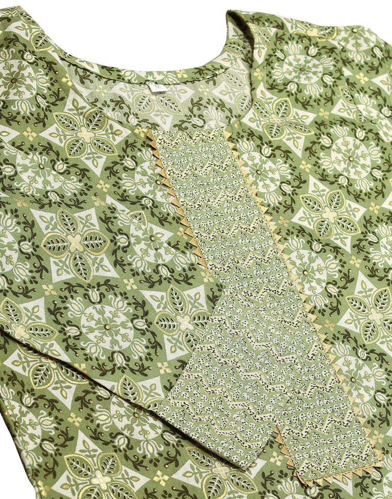 Green Cotton Printed Straight Kurta Kurti With Pant And Dupatta | Sudathi