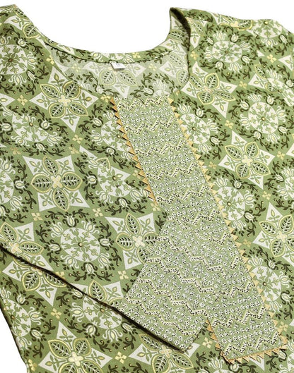 Green Cotton Printed Straight Kurta Kurti With Pant And Dupatta | Sudathi