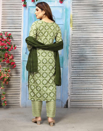 Green Cotton Printed Straight Kurta Kurti With Pant And Dupatta | Sudathi