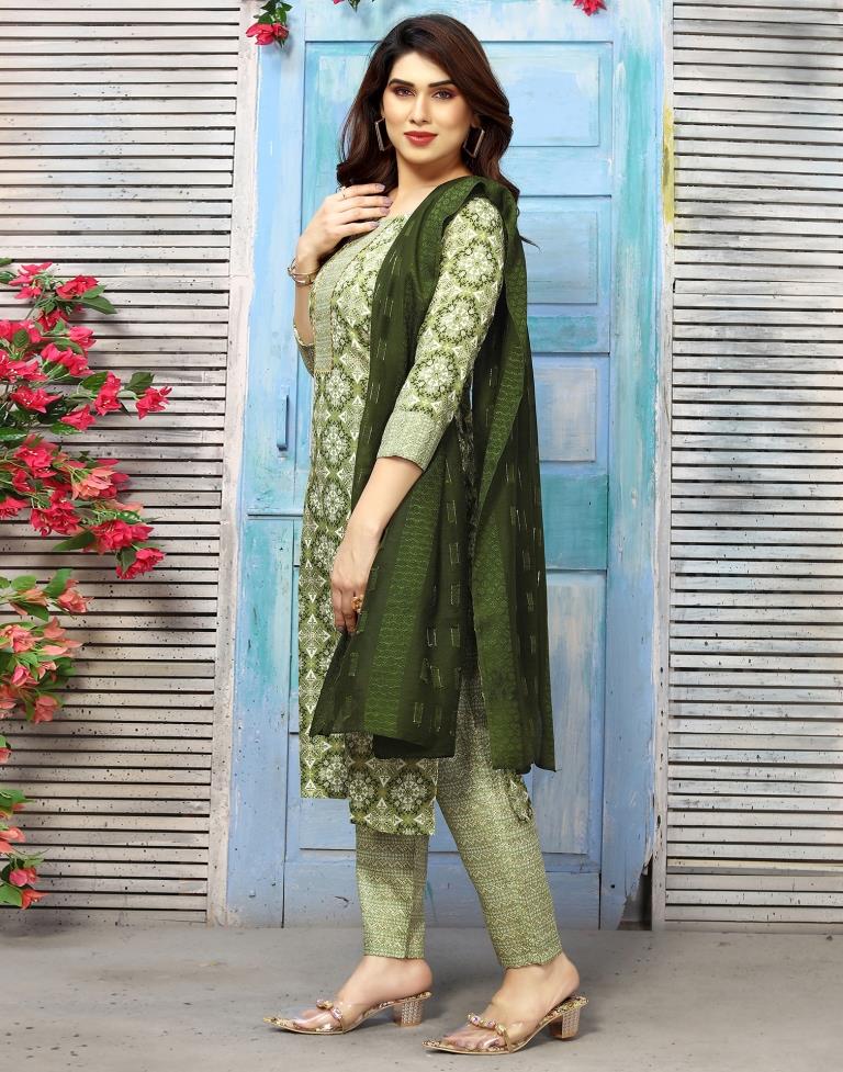 Green Cotton Printed Straight Kurta Kurti With Pant And Dupatta | Sudathi