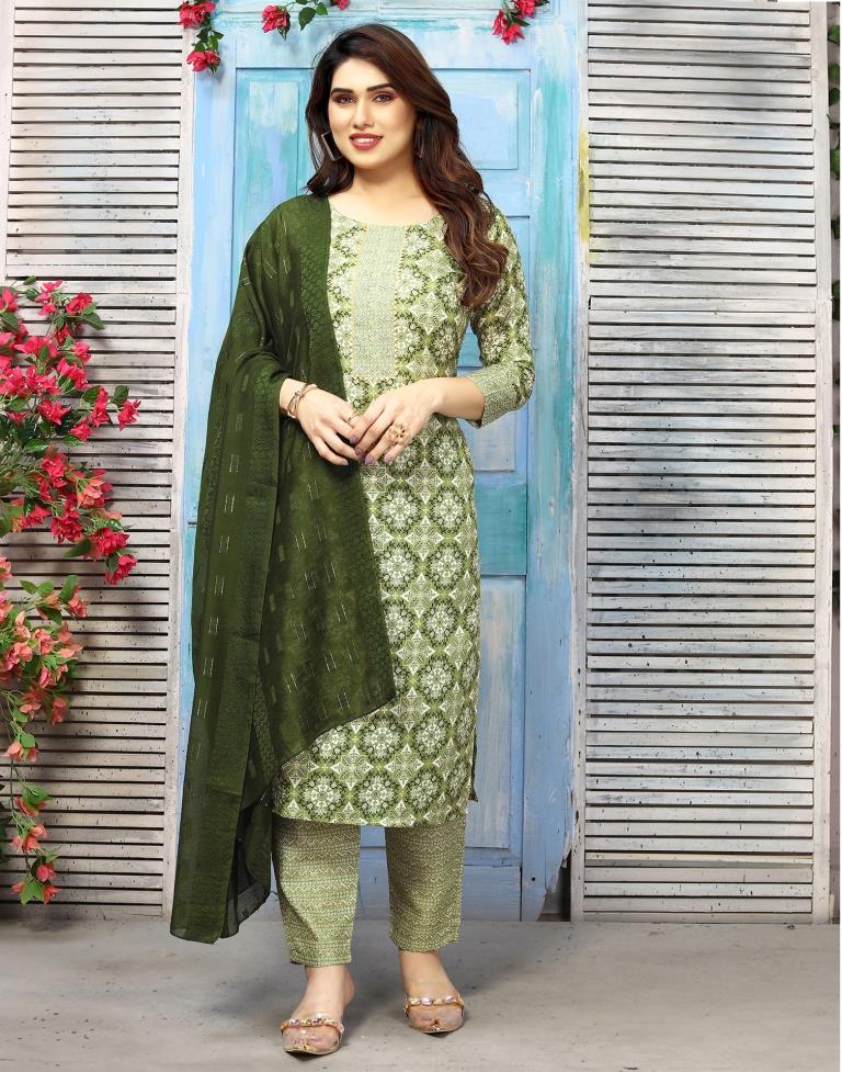 Green Cotton Printed Straight Kurta Kurti With Pant And Dupatta | Sudathi