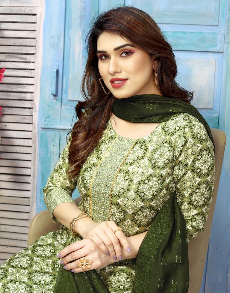 Green Cotton Printed Straight Kurta Kurti With Pant And Dupatta | Sudathi