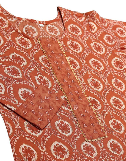 Brown Cotton Printed Straight Kurta With Pant And Dupatta