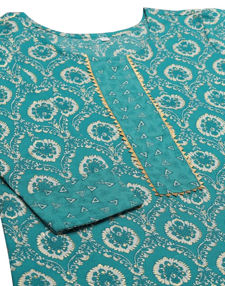 Rama Green Cotton Printed Straight Kurta With Pant And Dupatta