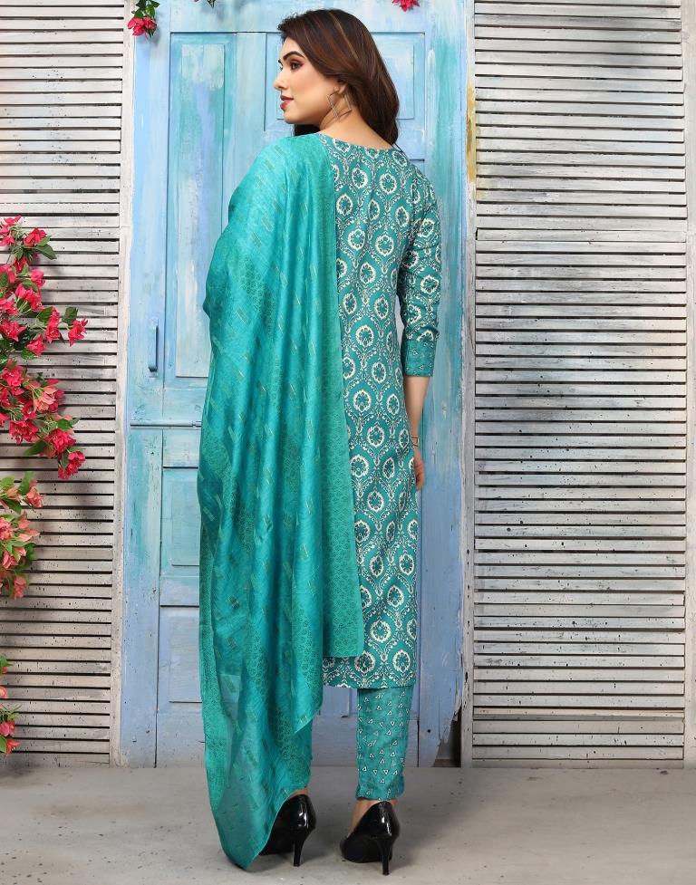 Rama Green Cotton Printed Straight Kurta With Pant And Dupatta