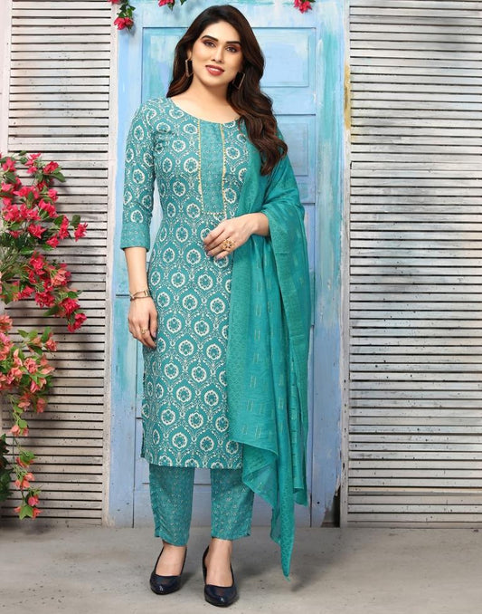 Rama Green Cotton Printed Straight Kurta With Pant And Dupatta