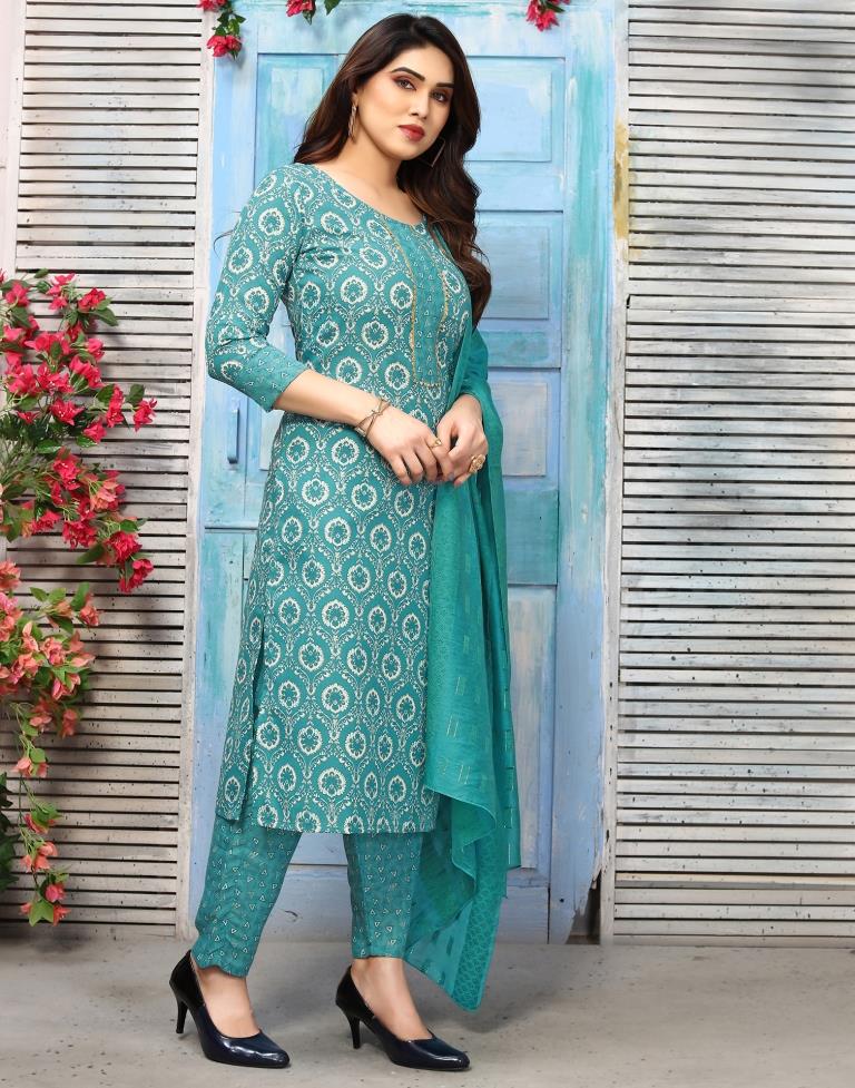 Rama Green Cotton Printed Straight Kurta With Pant And Dupatta