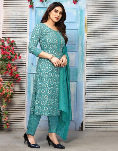 Rama Green Cotton Printed Straight Kurta With Pant And Dupatta