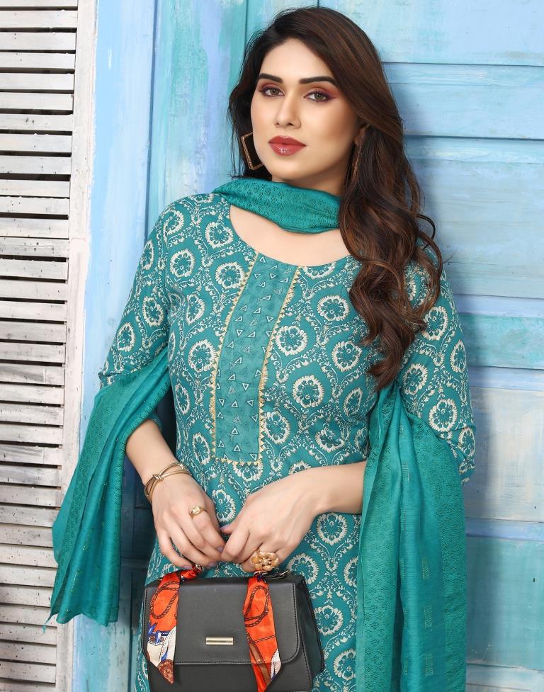 Rama Green Cotton Printed Straight Kurta With Pant And Dupatta