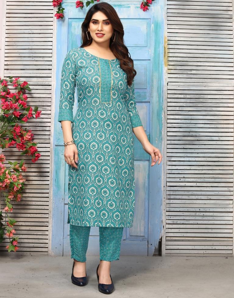 Rama Green Cotton Printed Straight Kurta With Pant And Dupatta