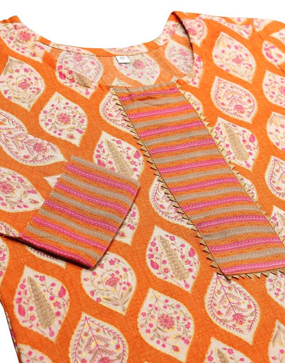 Light Orange Cotton Printed Straight Kurta With Pant And Dupatta