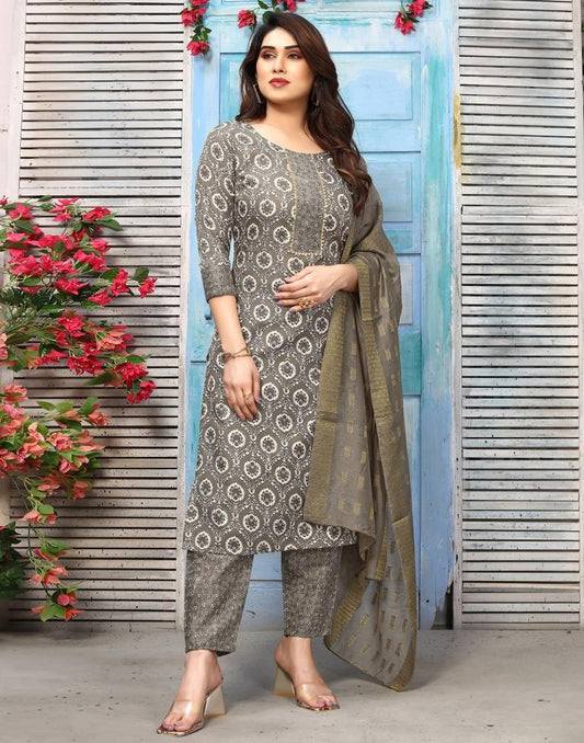 Grey Printed Kurta With Pant And Dupatta