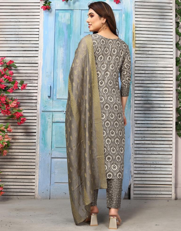 Grey Printed Kurta With Pant And Dupatta