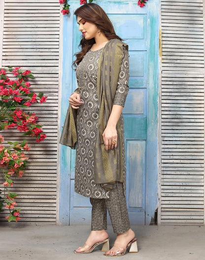 Grey Printed Kurta With Pant And Dupatta