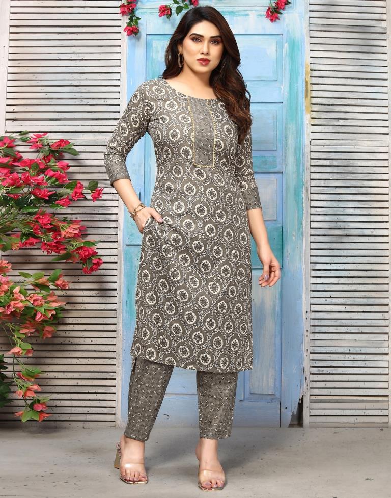 Grey Printed Kurta With Pant And Dupatta