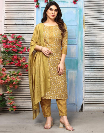 Mustard Printed Kurta With Pant And Dupatta